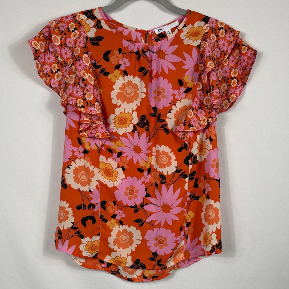 DR2 Floral Ruffle Sleeve Blouse - Orange & Pink. Womens Size S. Flowy. Hippie